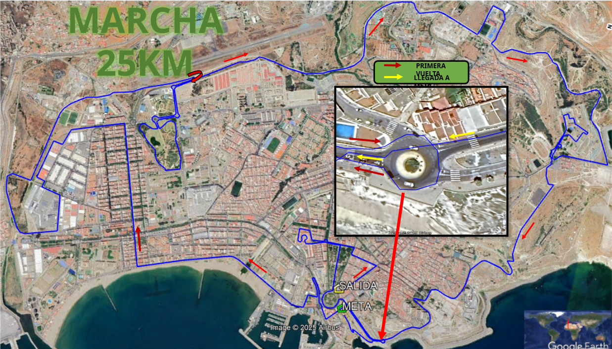 Plano del recorrido de 25 km sobre imagen de satélite de Melilla