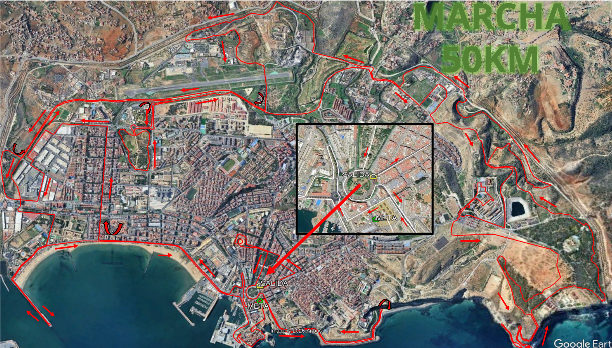 Plano del recorrido de 50 km sobre imagen de satélite de Melilla, con salida y meta en el centro de la ciudad