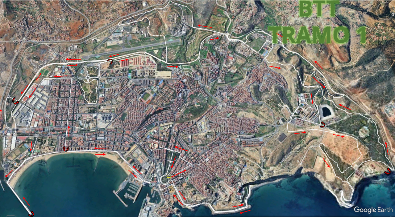 Plano del primer tramo del recorrido BTT sobre imagen de satélite de Melilla