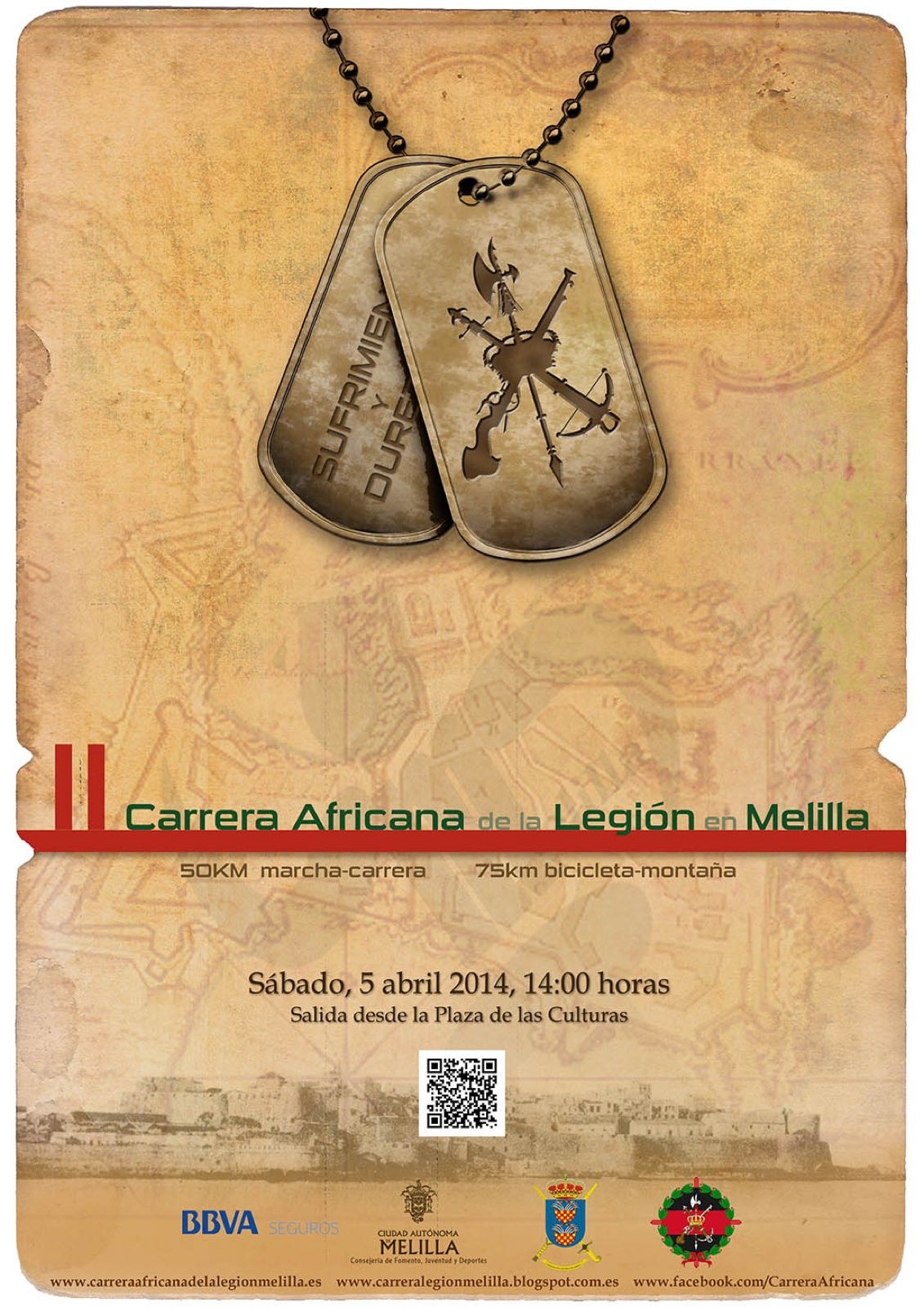 Cartel de la II Carrera Africana de la Legión en Melilla con dos chapas militares, sábado 5 de abril de 2014
