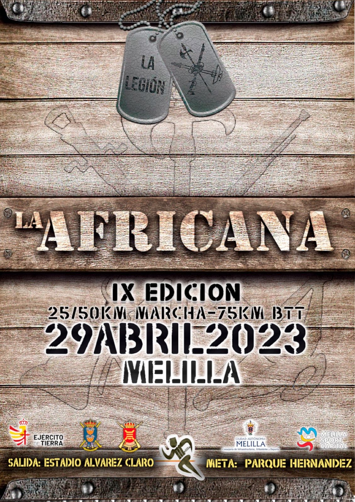 Cartel de La Africana, IX edición, 29 de abril de 2023, con chapas militares sobre madera