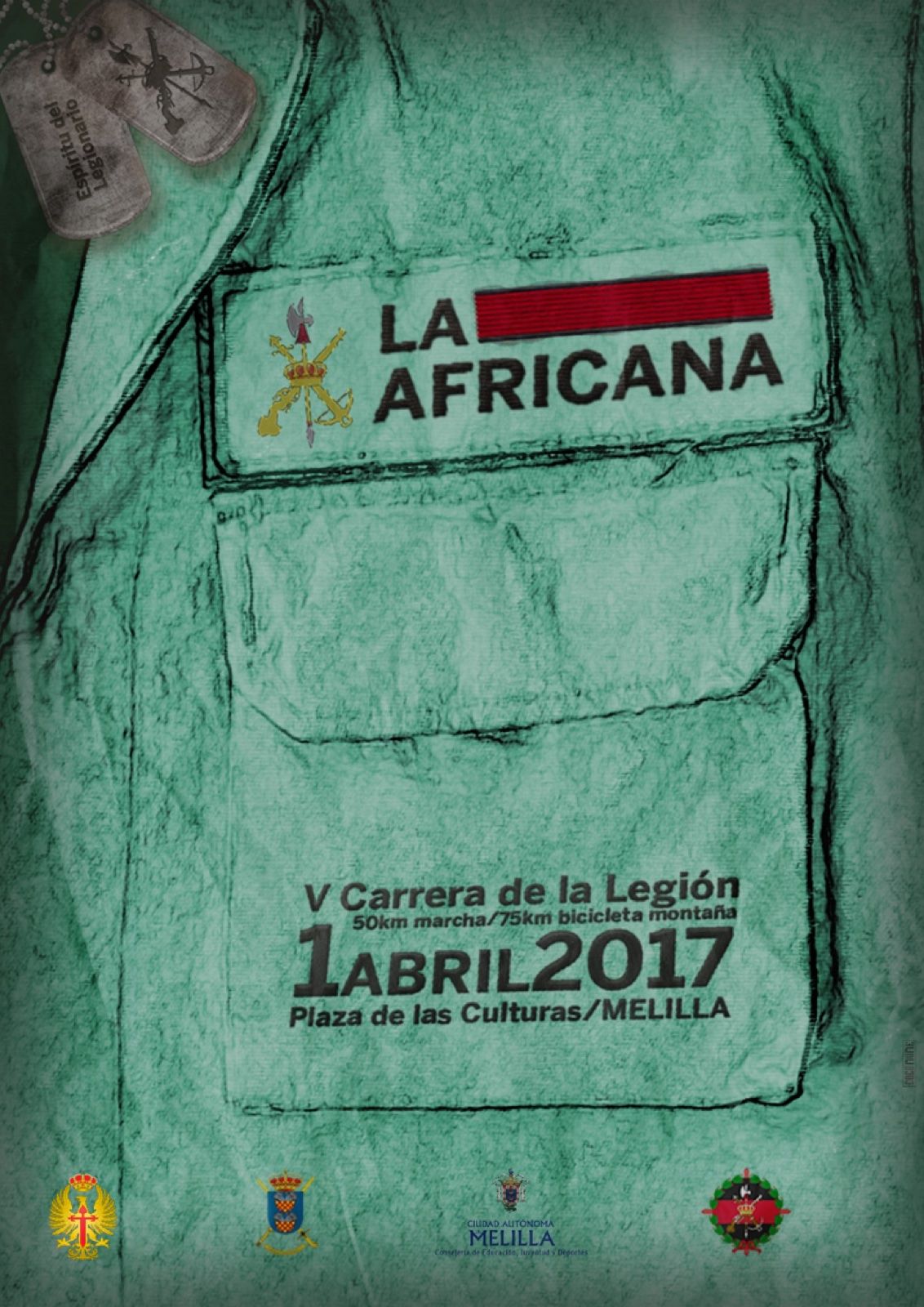 Cartel de La Africana, V Carrera de la Legión, 1 de abril de 2017, sobre el bolsillo de una camisa legionaria
