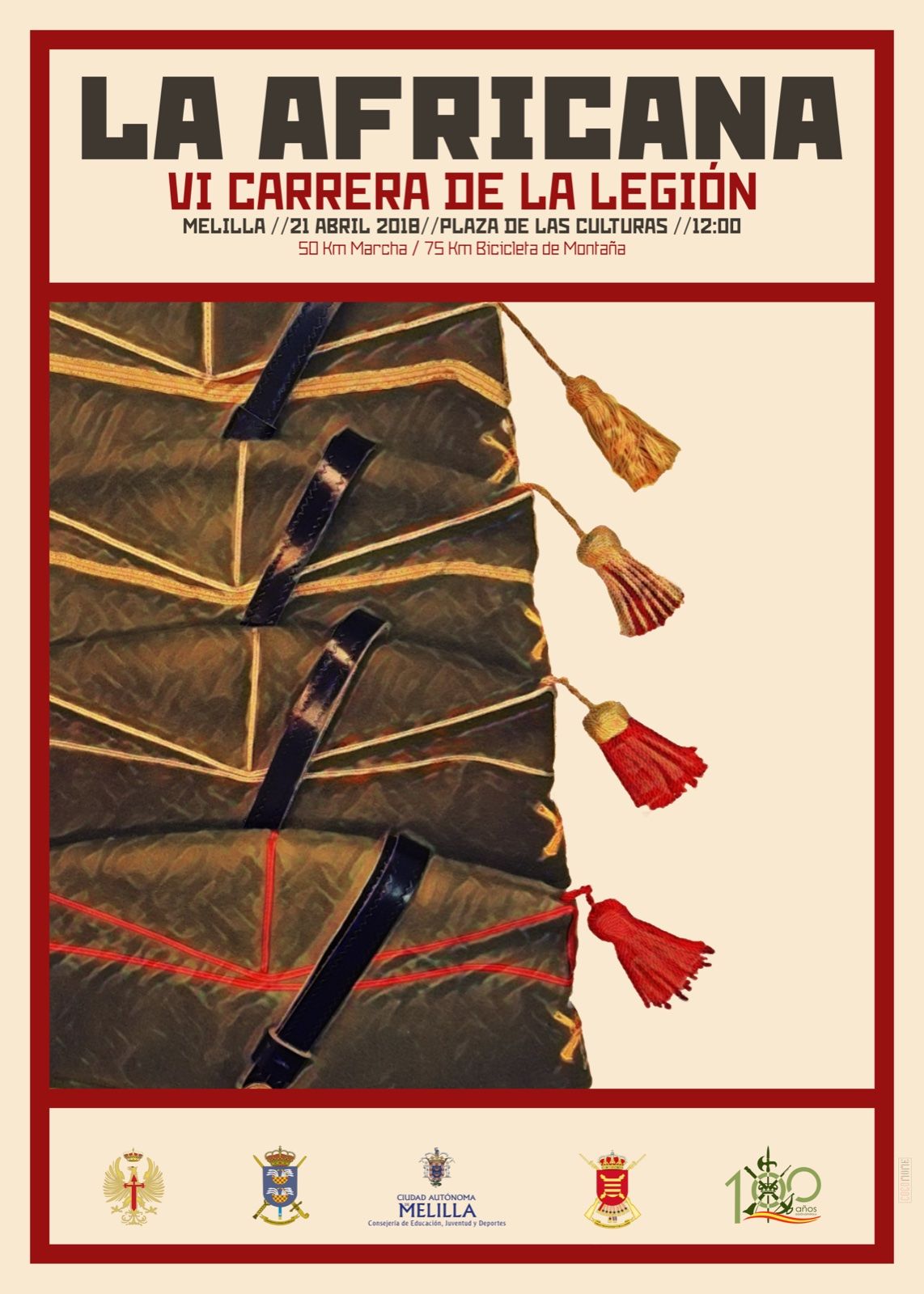 Cartel de La Africana, VI Carrera de la Legión, 21 de abril de 2018, con las borlas rojas del gorro legionario