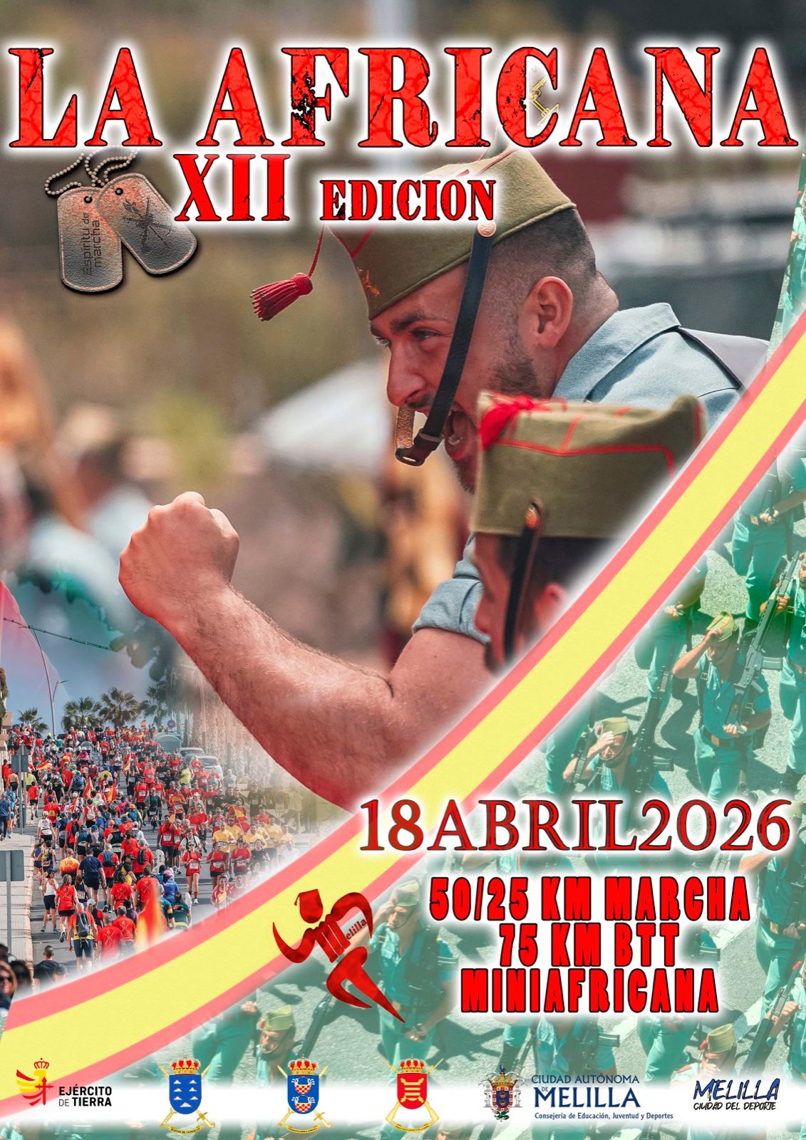 Cartel de La Africana, XII edición, 18 de abril de 2026, con un legionario con el puño en alto